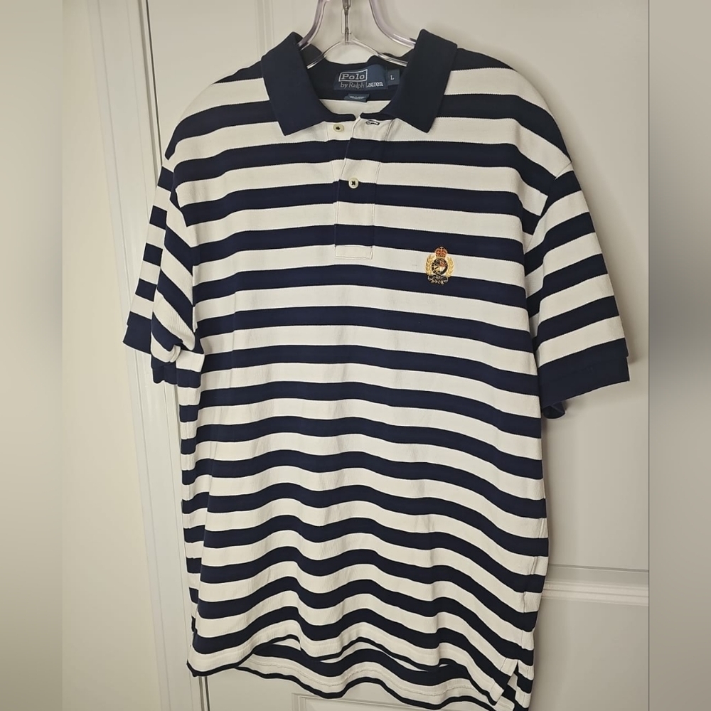 Navy and White Striped Polo Shirt